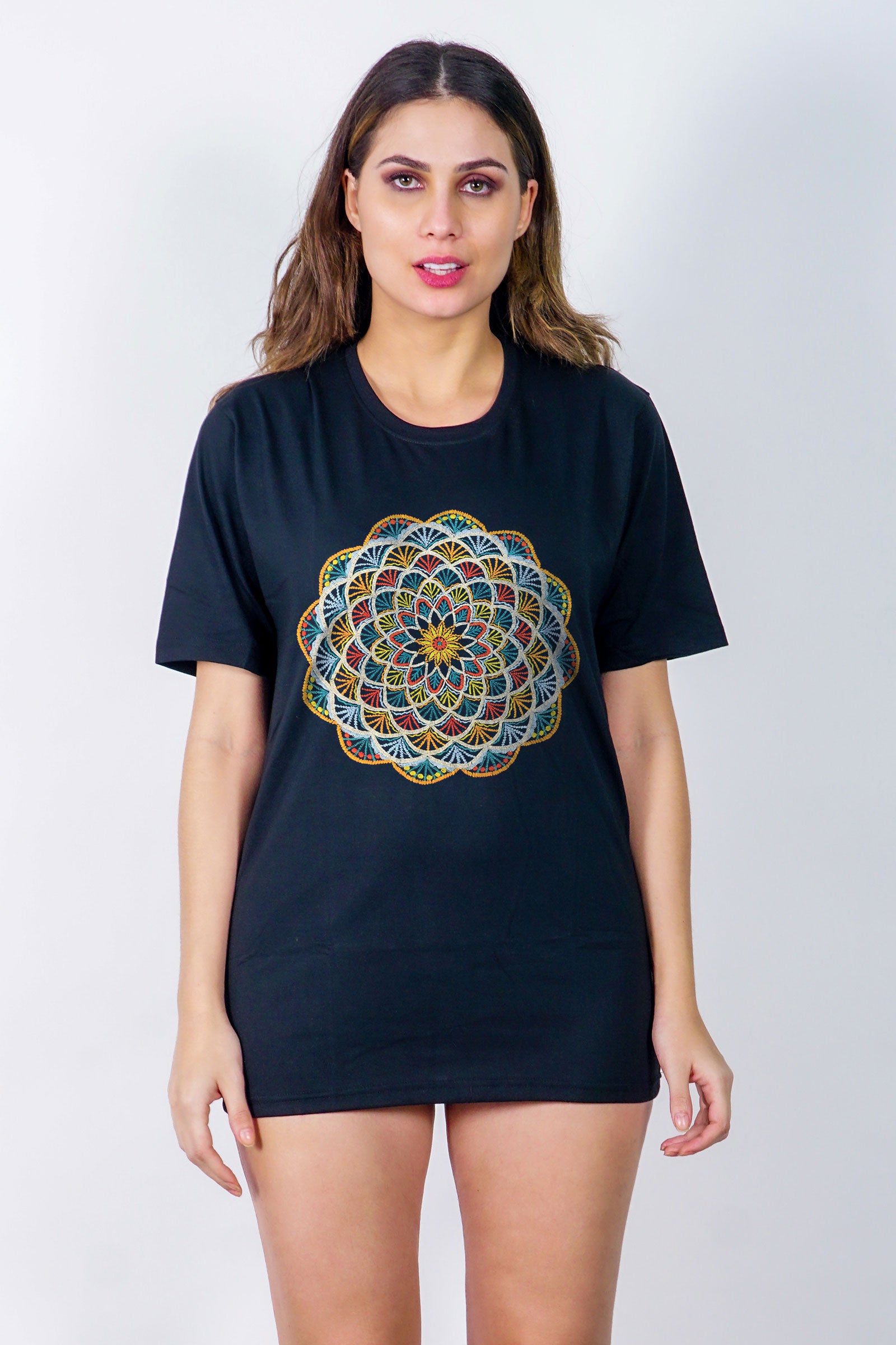 Embroidered Geometric Artwork Half sleeve Black T-shirt For Women