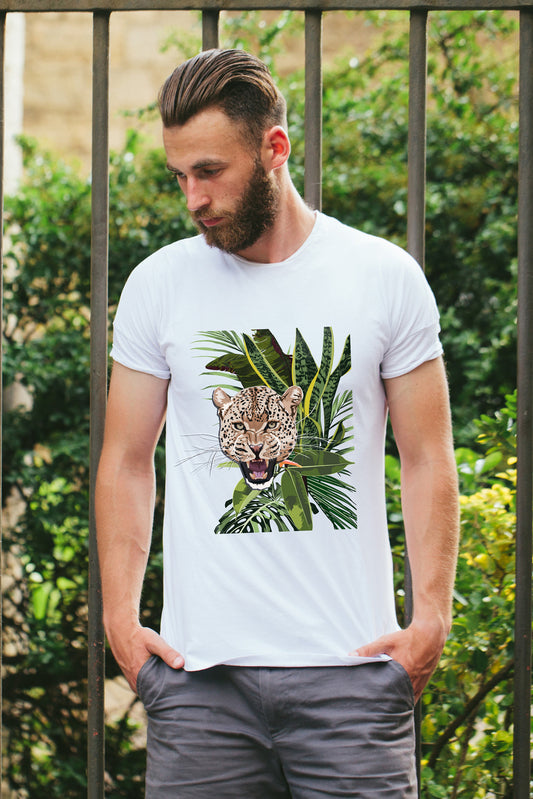 Graceful Leopard & Tropical Leaves Graphic Art Half Sleeve White T-shirt For Men