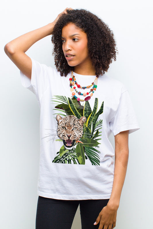 Graceful Leopard & Tropical Leaves Graphic Art Half Sleeve White T-shirt For Women