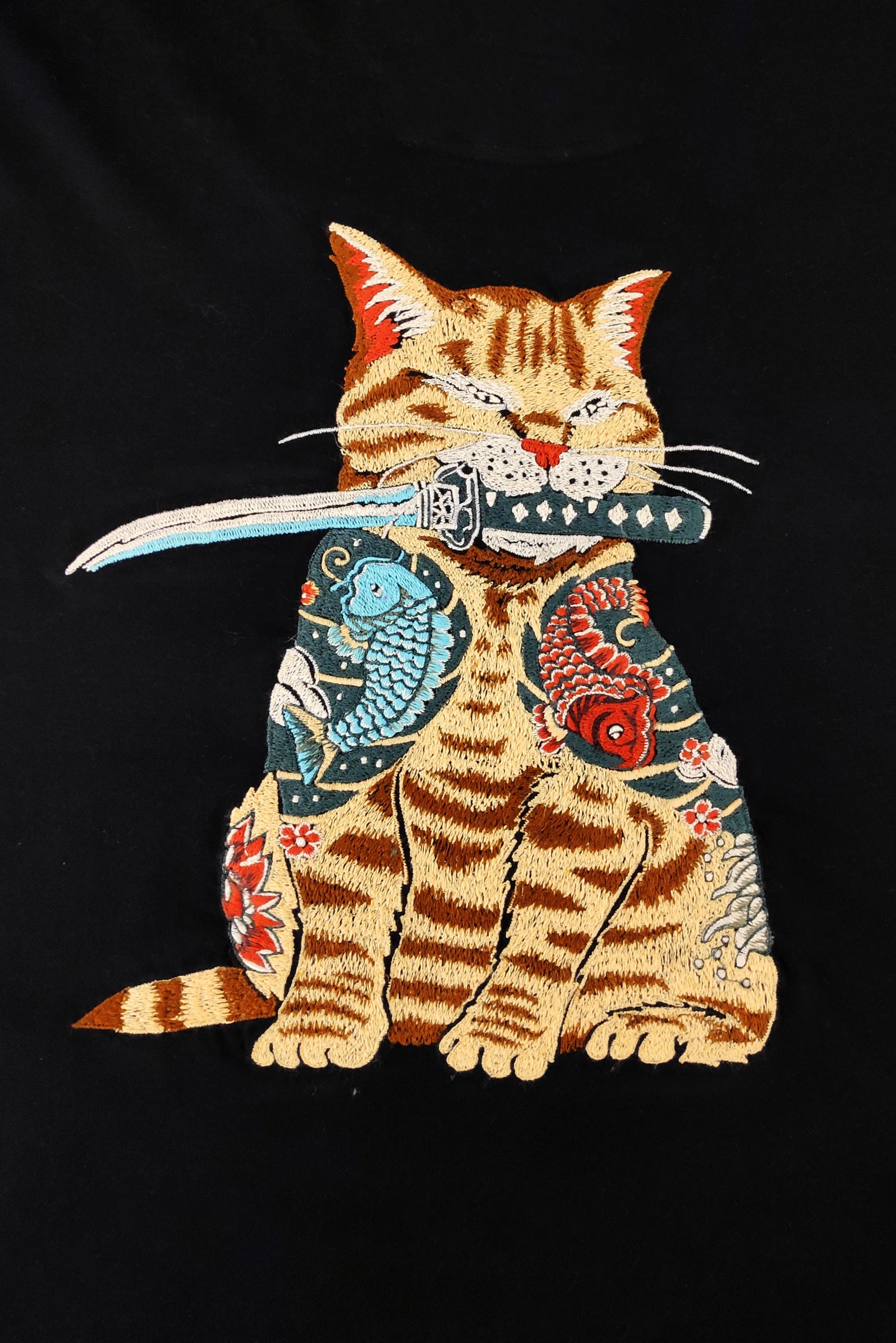 Catana "Japanese Samurai Ninja Cat" Artwork Black Half Sleeve T-shirt For Men