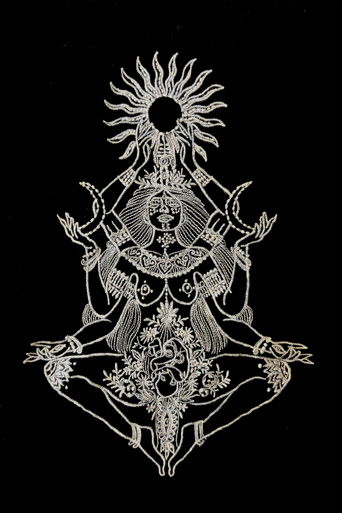 Goddess Kali Embroidered Artwork Half Sleeve Black T-shirt For Women