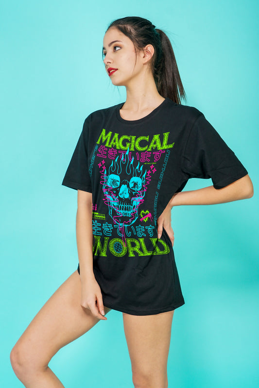 Magical World Streetwear Fashion Half Sleeve Black T-shirt For Women