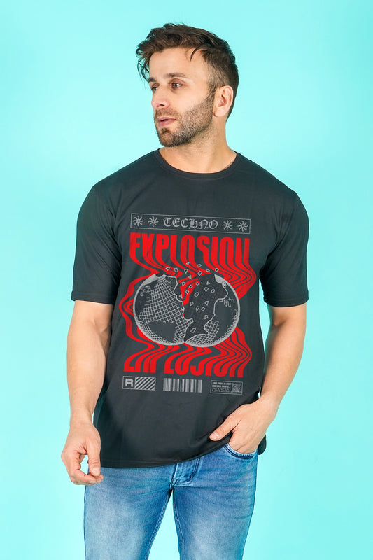 Techno Explosion Streetwear Fashion Graphic Art Half Sleeve Black T-shirt For Men