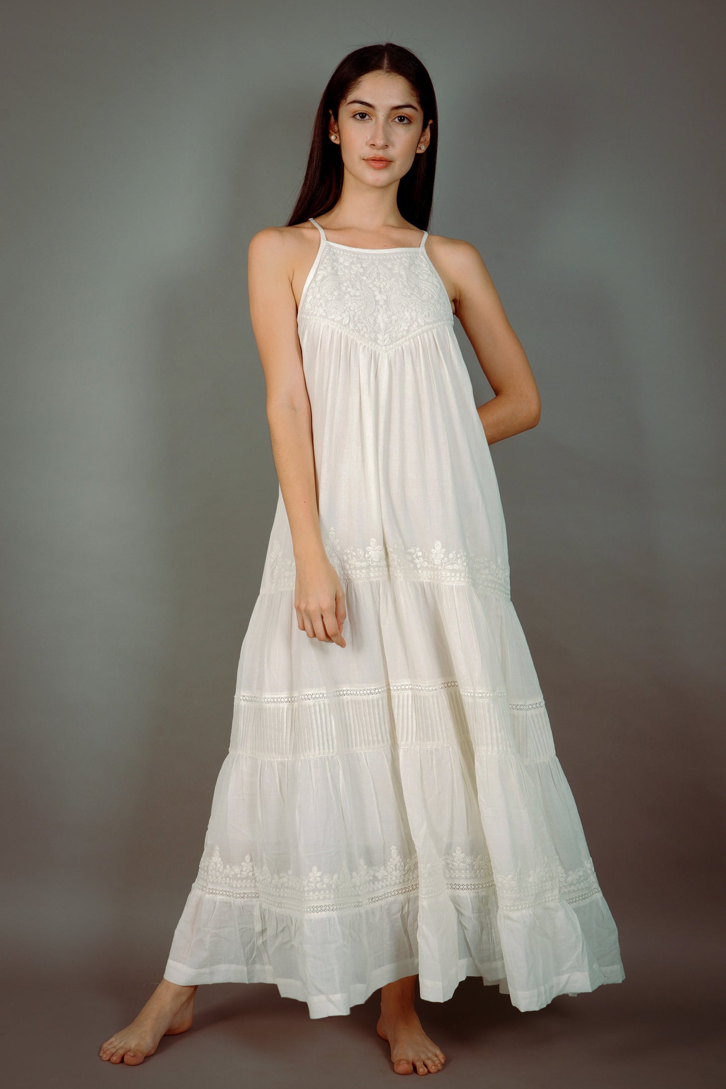 Estrella Embroidered White Long Maxi Dress