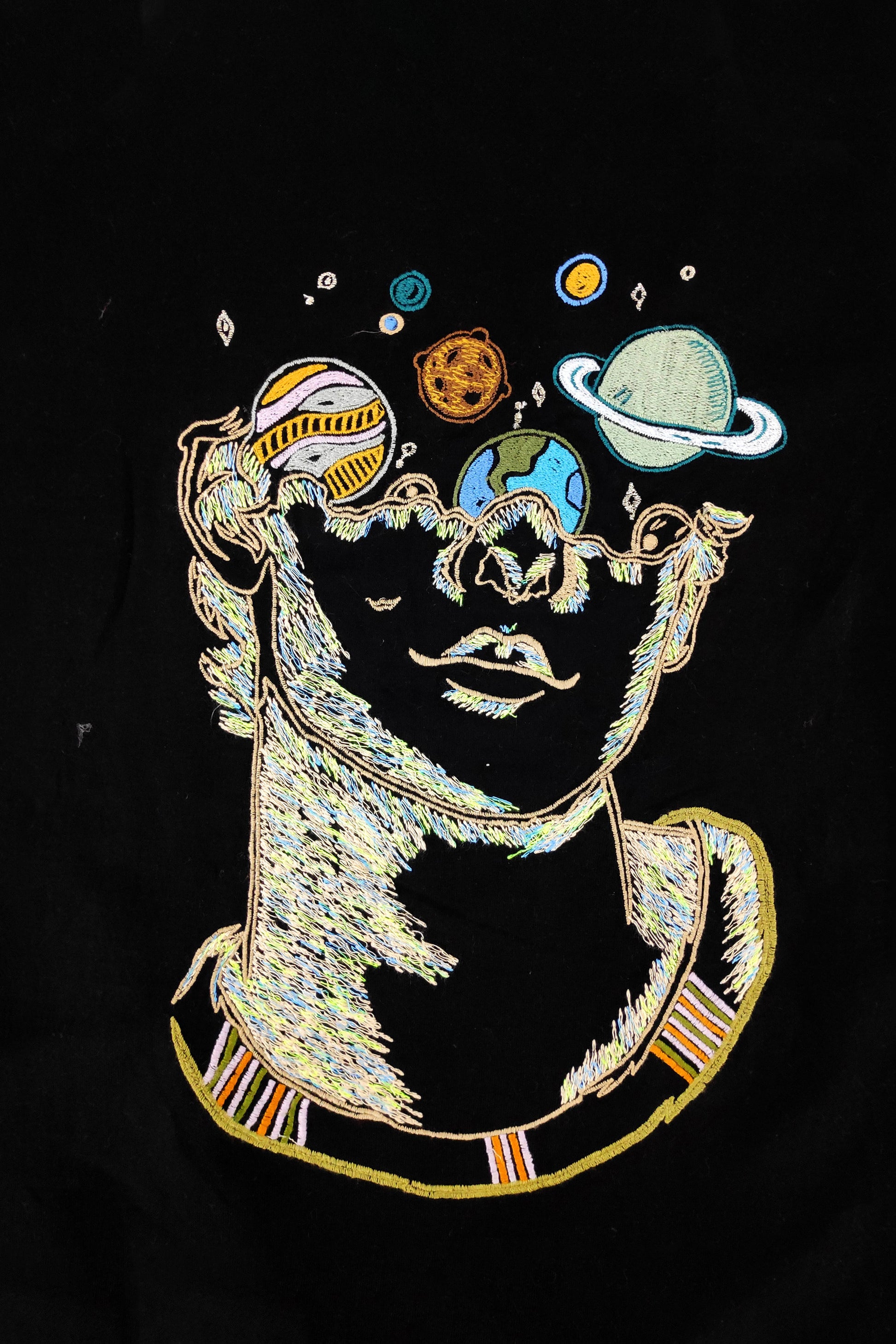 Trippy Cosmic Art Embroidered Artwork Half Sleeve Black T-shirt For Men