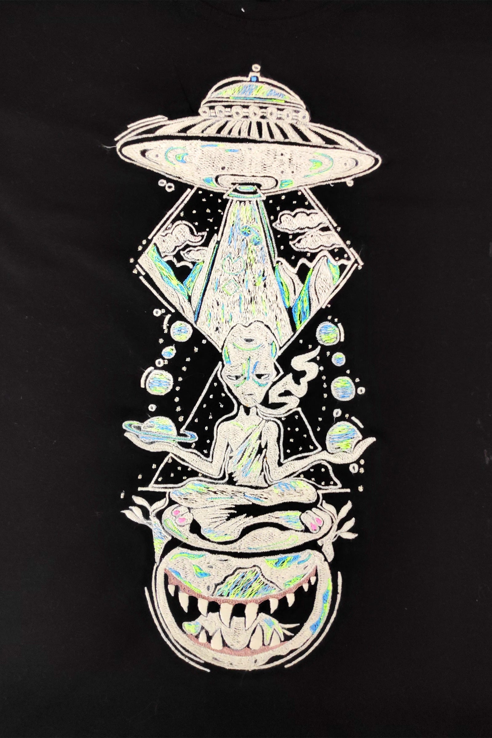 Space Trip Embroidered Artwork Half Sleeve Black T-shirt For Women