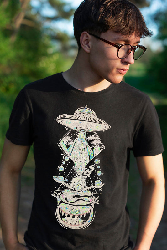 Space Trip Embroidered Artwork Half Sleeve Black t-shirt For Men