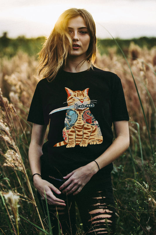 Catana "Japanese Samurai Ninja Cat" Embroidered Artwork Half Sleeve T-shirt For Women