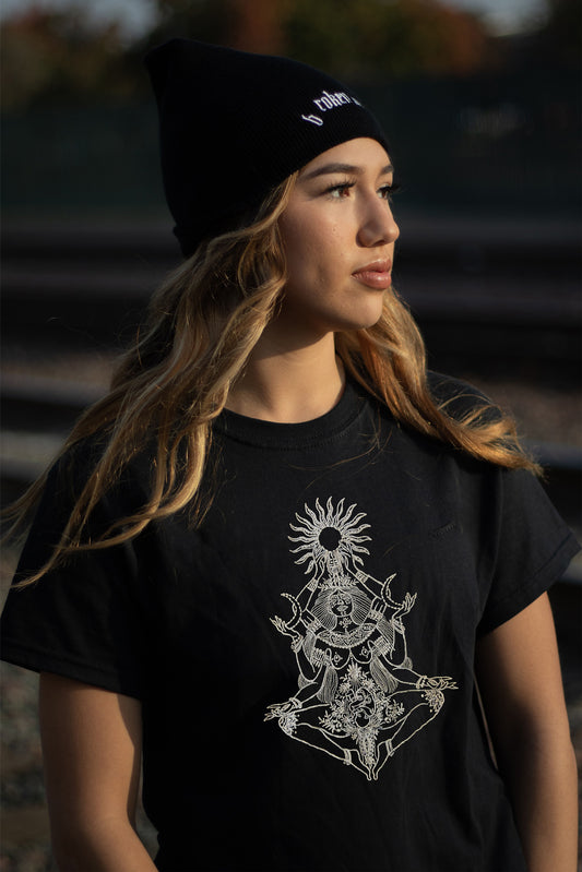 Goddess Kali Embroidered Artwork Half Sleeve Black T-shirt For Women