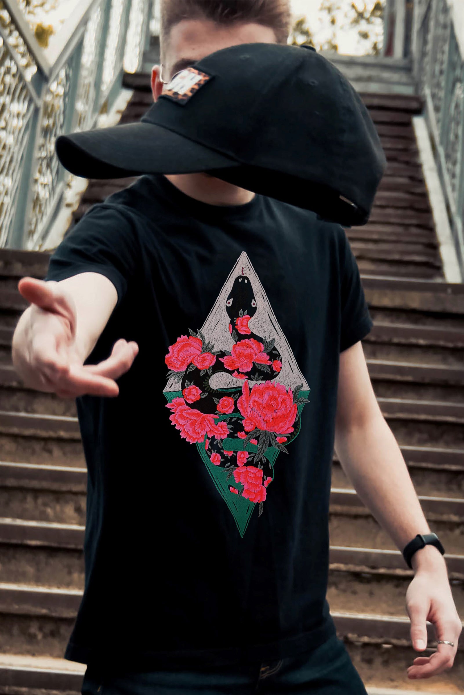 Rose Snake Embroidered Artwork Half Sleeve Black T-shirt For Men