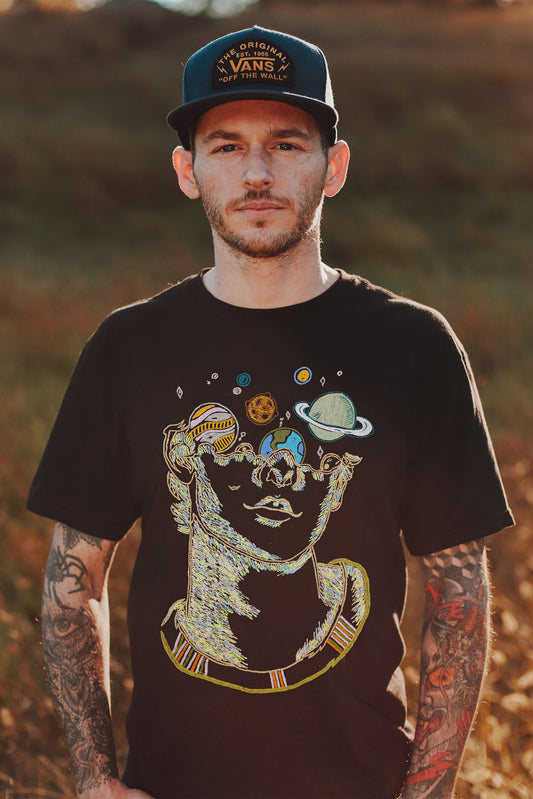 Trippy Cosmic Art Embroidered Artwork Half Sleeve Black T-shirt For Men