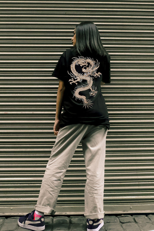 Japanese Dragon Embroidered Artwork Half Sleeve Black T-shirt For Women