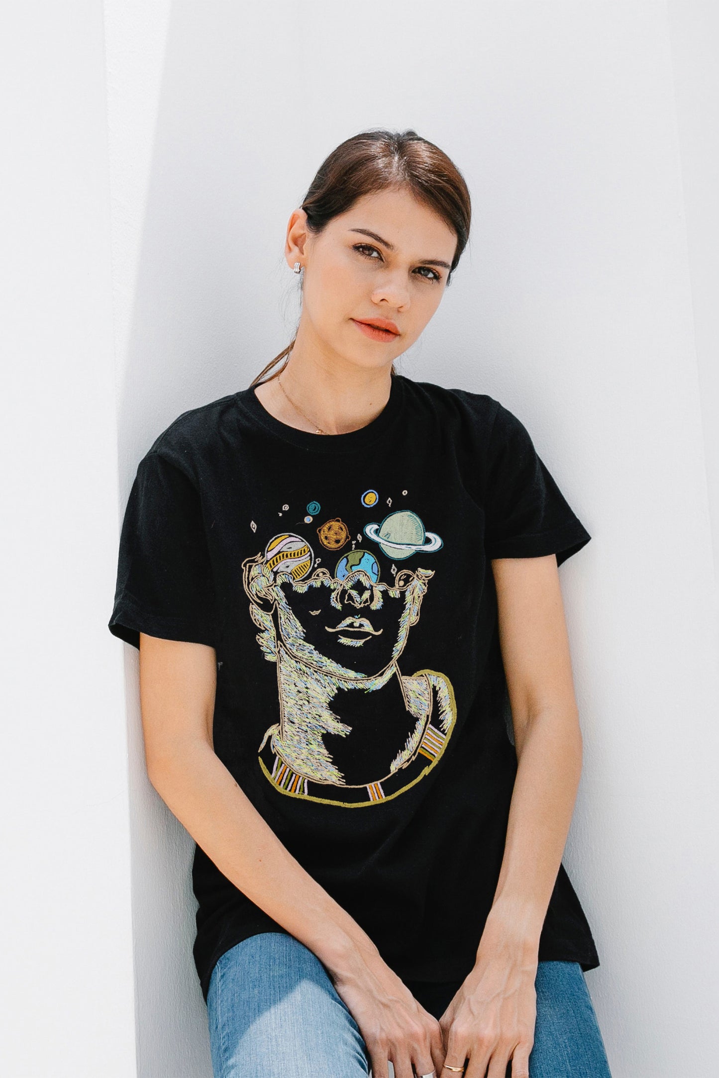 Trippy Cosmic Embroidered Artwork Half sleeve T-shirt For Women