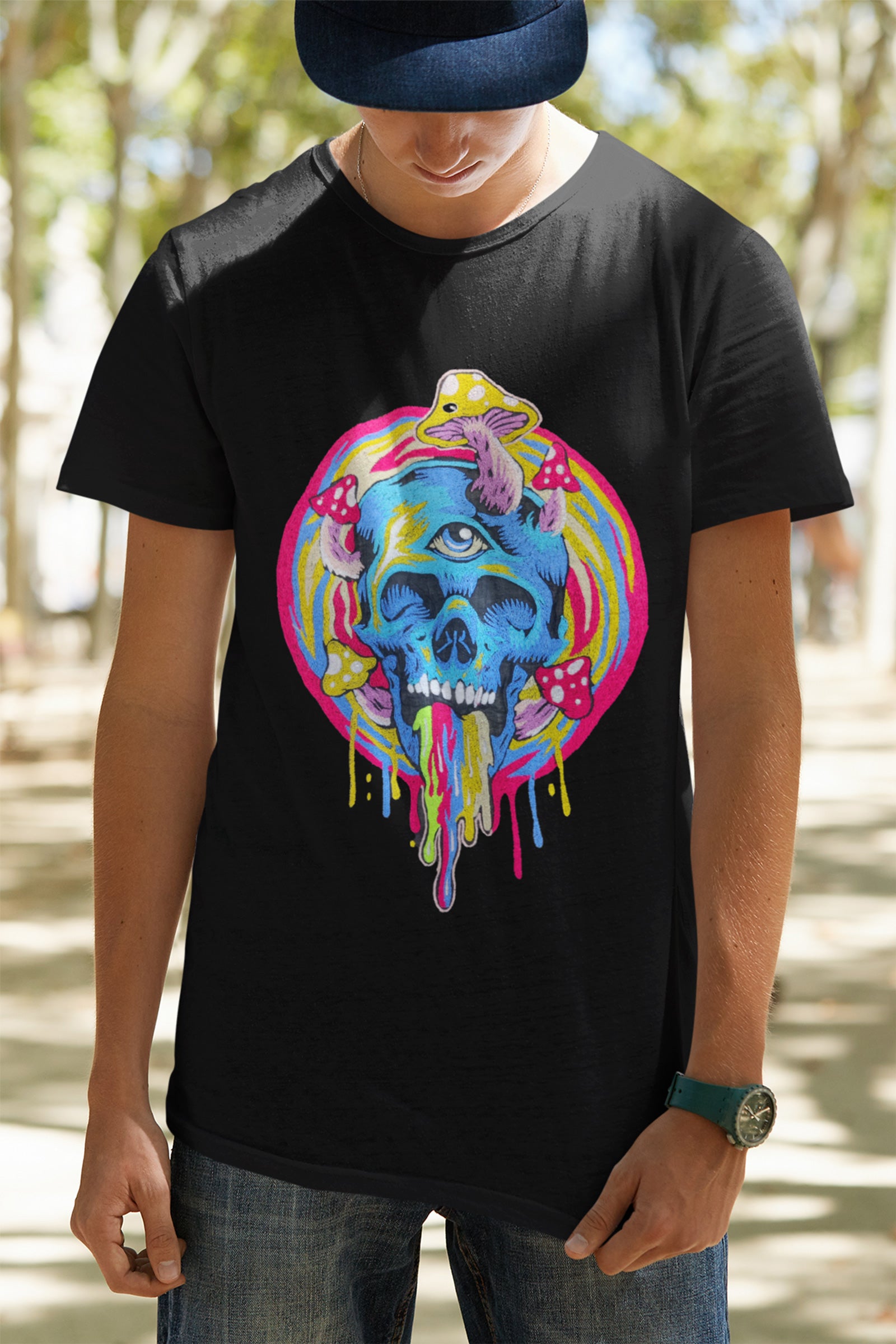 Embroidered Skull Magic Mushroom Artwork Half Sleeve Black T-shirt For Men