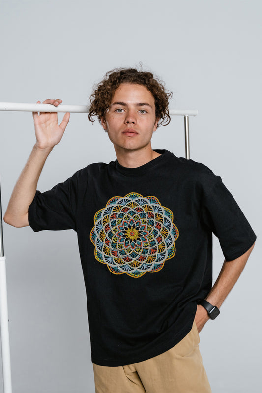 Geometric Artwork Embroidered Half Sleeve Black T-shirt For Men