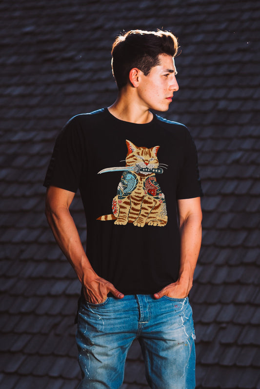 Catana "Japanese Samurai Ninja Cat" Artwork Black Half Slevee T-shirt For Men