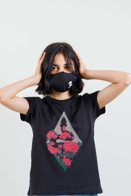 Rose Snake Embroidered Artwork Half Sleeve Black T-shirt For Women