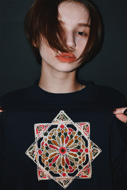 Sacred Geometry Embroidered Artwork Half Sleeve Black T-shirt For Women
