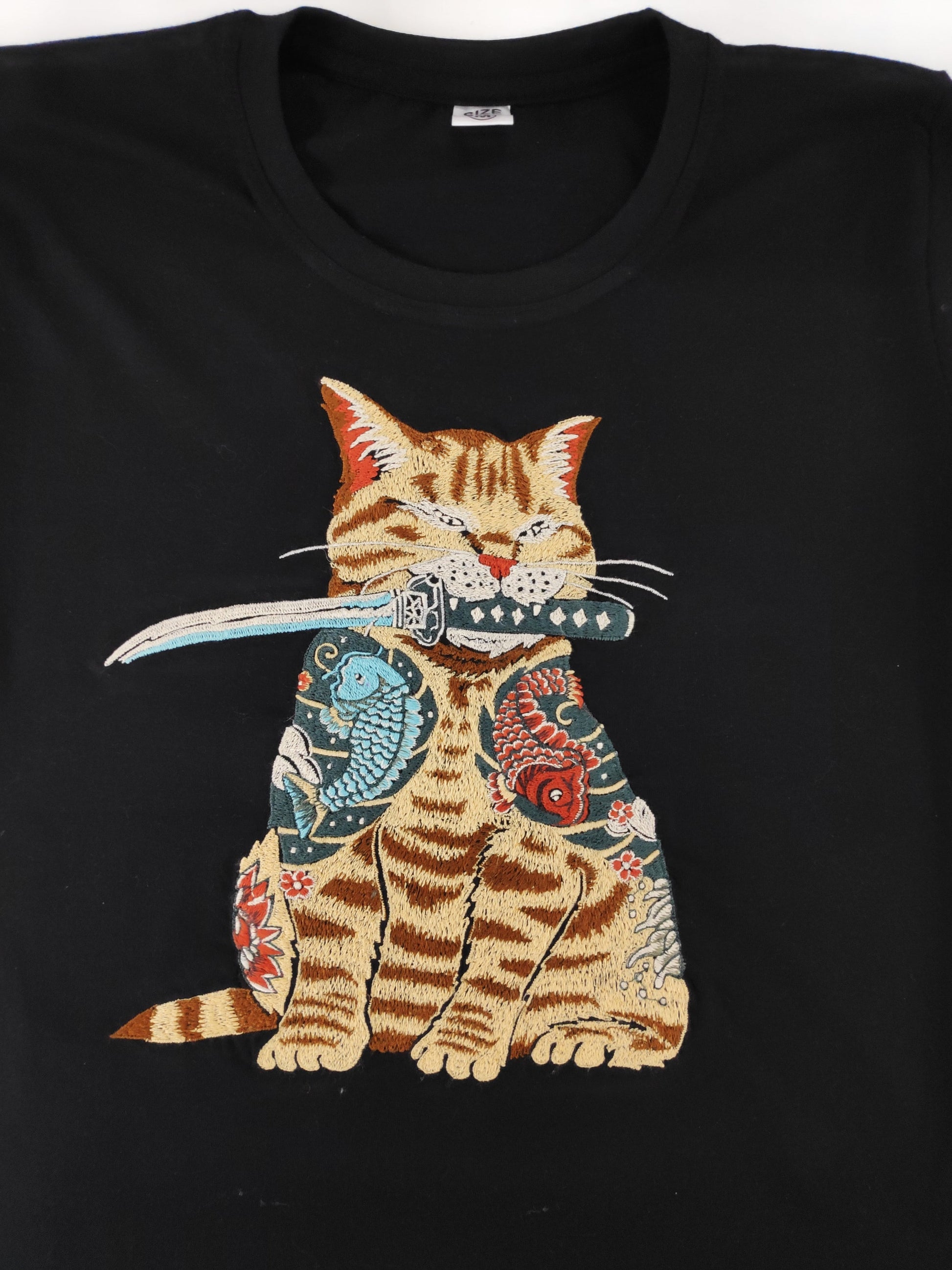 Catana "Japanese Samurai Ninja Cat" Embroidered Artwork Half Sleeve T-shirt For Women